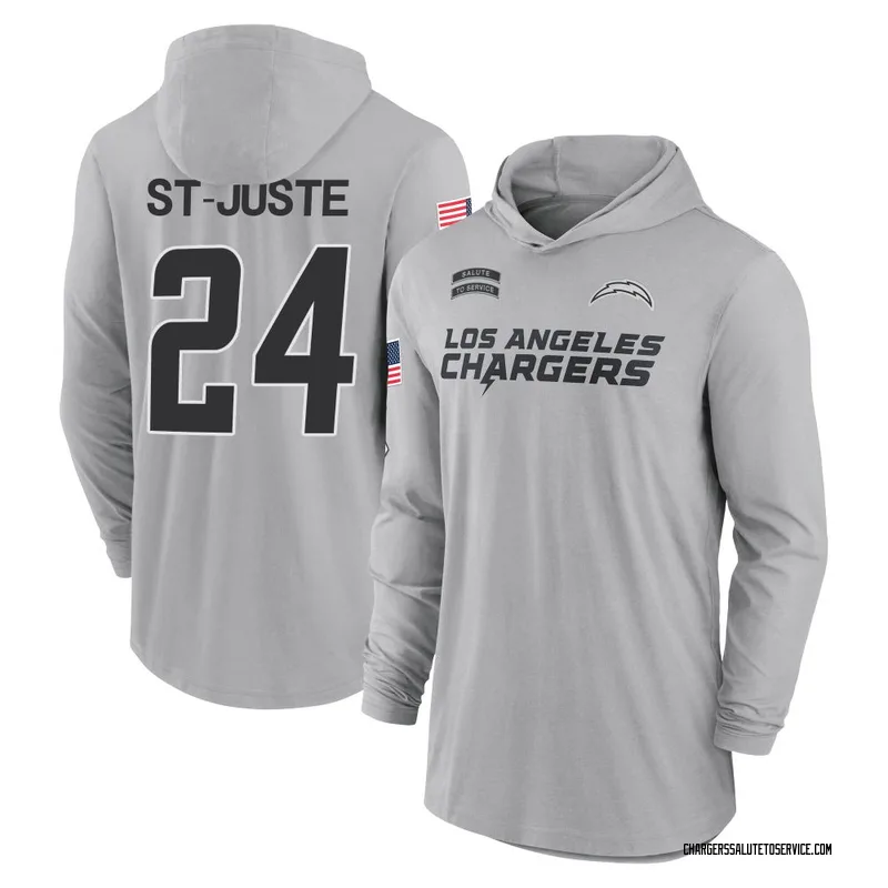 Men's Benjamin St-Juste Los Angeles Chargers Gray 2024 Salute to Service Lightweight Performance Long Sleeve Hooded T-Shirt