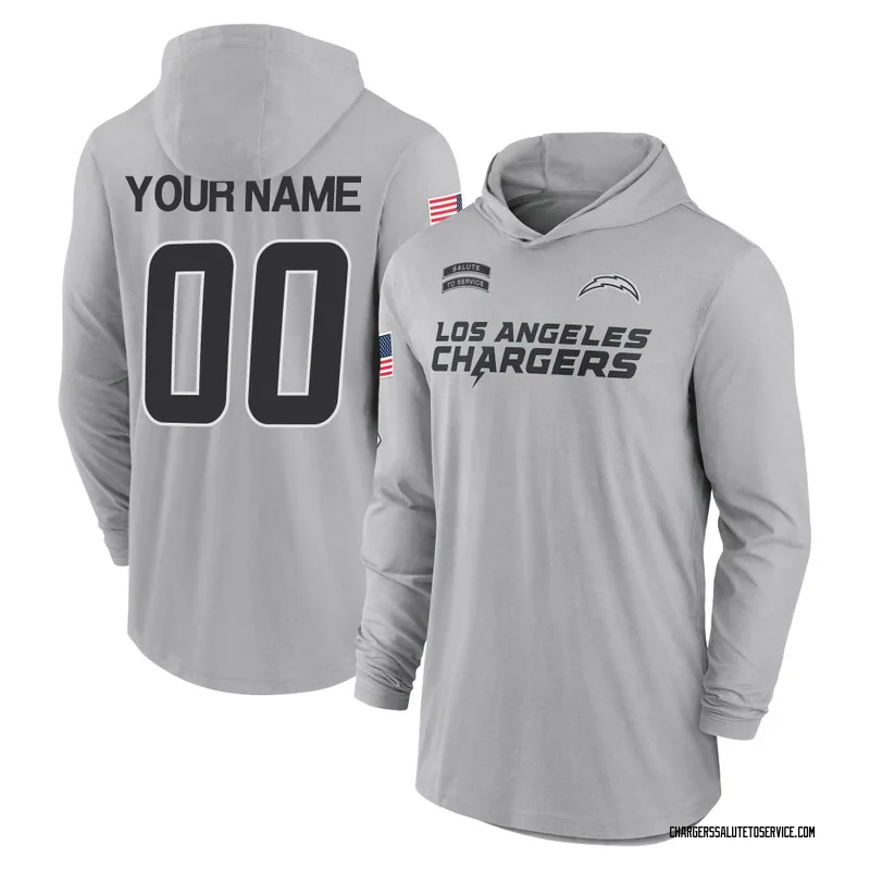 Men's Custom Los Angeles Chargers Gray 2024 Salute to Service Lightweight Performance Long Sleeve Hooded T-Shirt