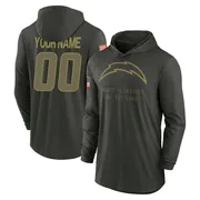 Men's Custom Los Angeles Chargers Green Forest/ 2025 Salute to Service Sideline Lightweight Hooded Pullover Long Sleeve T-Shirt