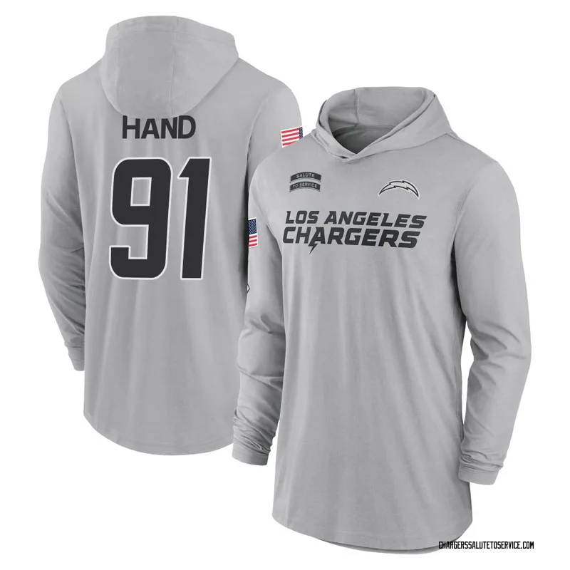 Men's Da'Shawn Hand Los Angeles Chargers Gray 2024 Salute to Service Lightweight Performance Long Sleeve Hooded T-Shirt
