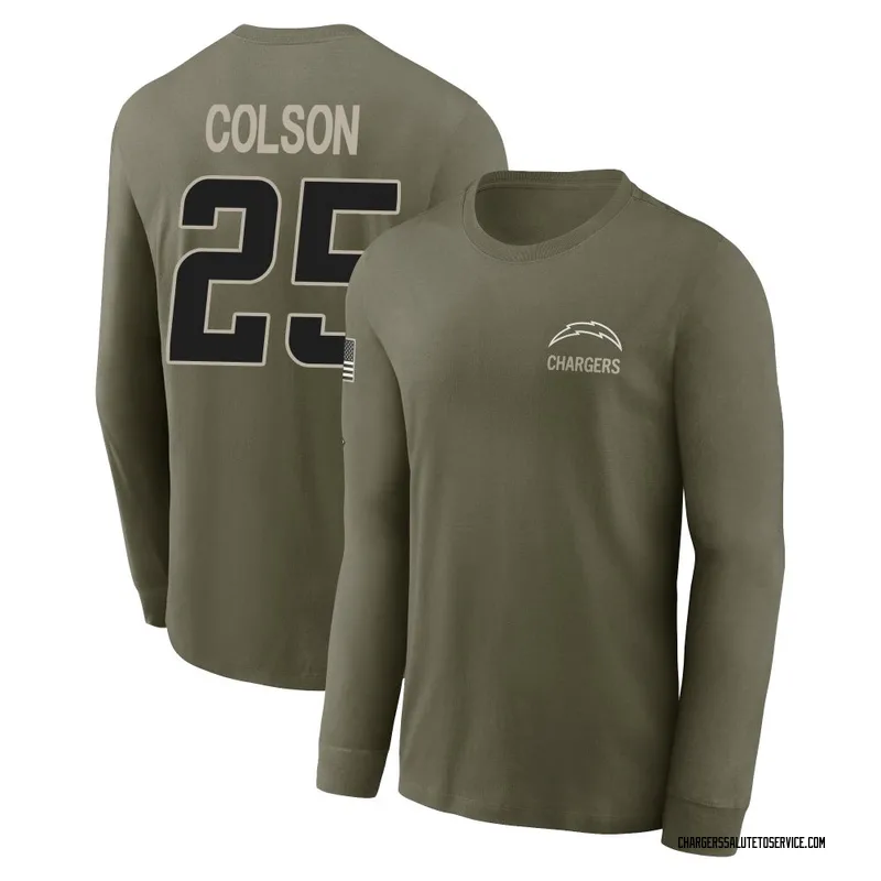 Men's Junior Colson Los Angeles Chargers Olive 2025 Salute to Service Sideline Long Sleeve T-Shirt