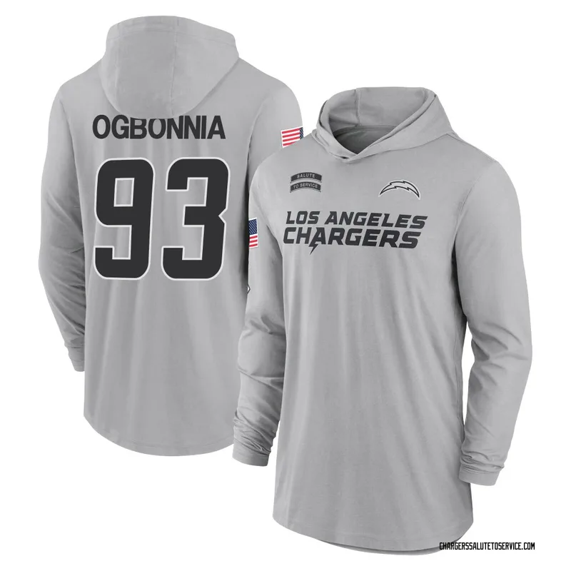 Men's Otito Ogbonnia Los Angeles Chargers Gray 2024 Salute to Service Lightweight Performance Long Sleeve Hooded T-Shirt