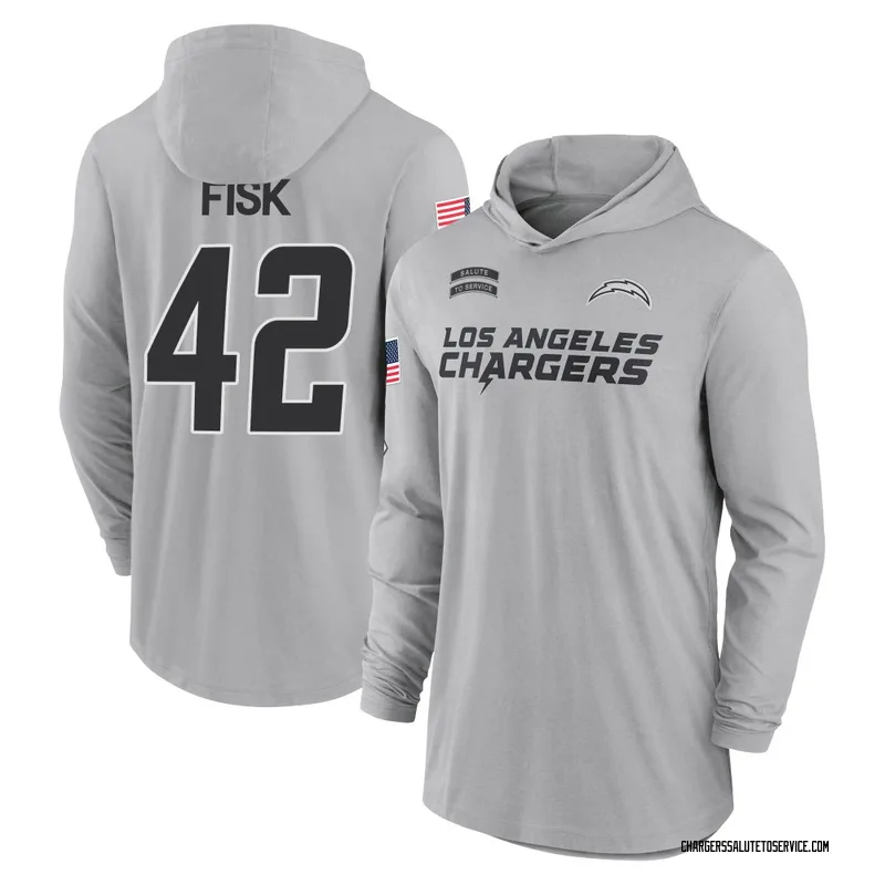 Men's Tucker Fisk Los Angeles Chargers Gray 2024 Salute to Service Lightweight Performance Long Sleeve Hooded T-Shirt