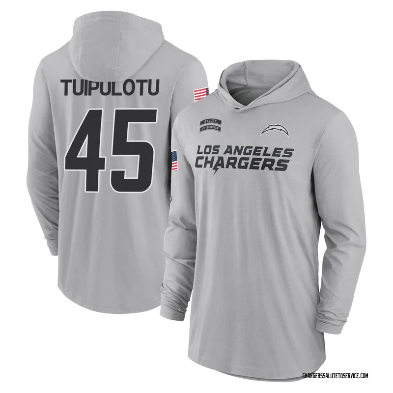 Men's Tuli Tuipulotu Los Angeles Chargers Gray 2024 Salute to Service Lightweight Performance Long Sleeve Hooded T-Shirt