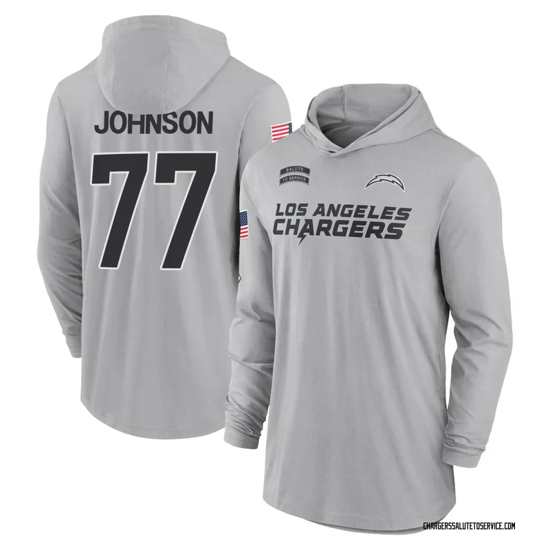 Men's Zion Johnson Los Angeles Chargers Gray 2024 Salute to Service Lightweight Performance Long Sleeve Hooded T-Shirt