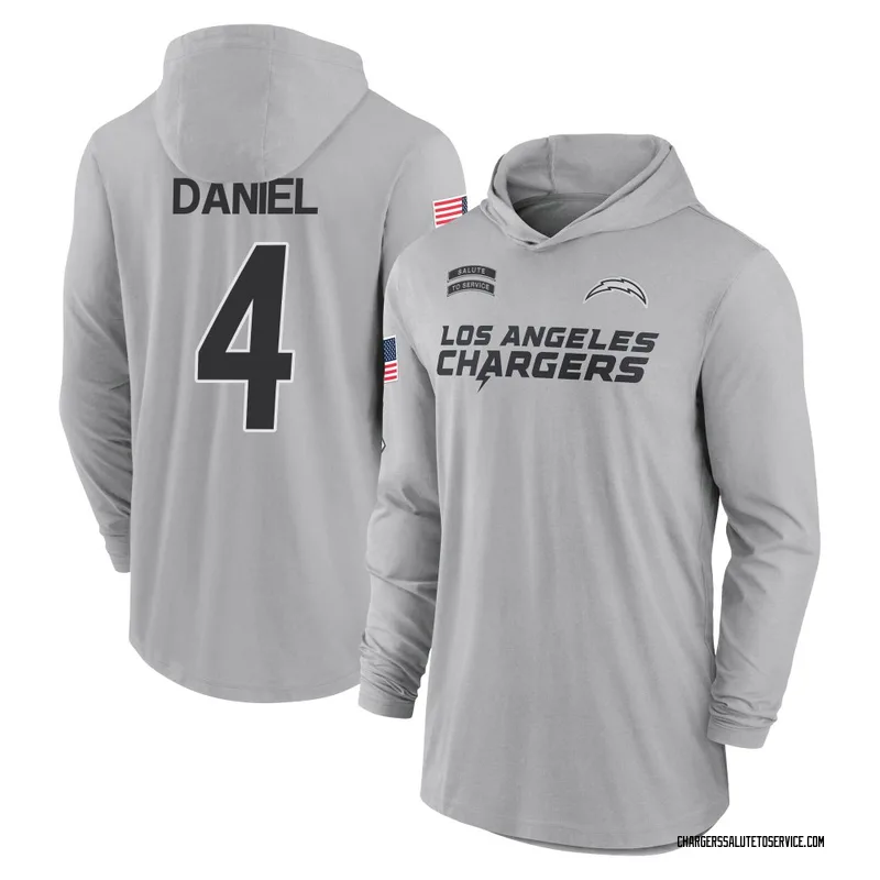 Youth Chase Daniel Los Angeles Chargers Gray 2024 Salute to Service Lightweight Performance Long Sleeve Hooded T-Shirt