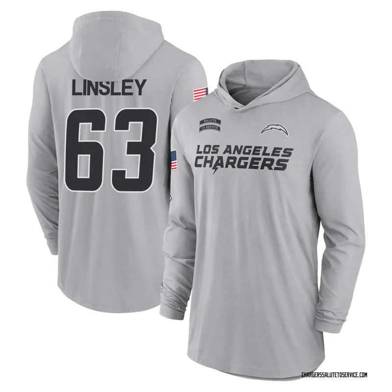 Youth Corey Linsley Los Angeles Chargers Gray 2024 Salute to Service Lightweight Performance Long Sleeve Hooded T-Shirt