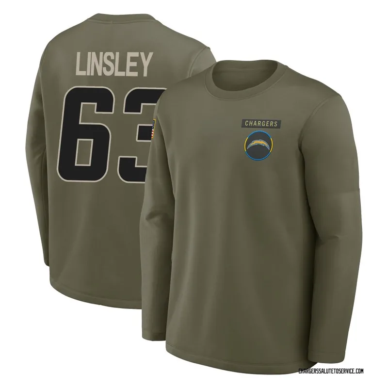 Youth Corey Linsley Los Angeles Chargers Olive 2025 Salute to Service Sideline Coaches Long Sleeve T-Shirt