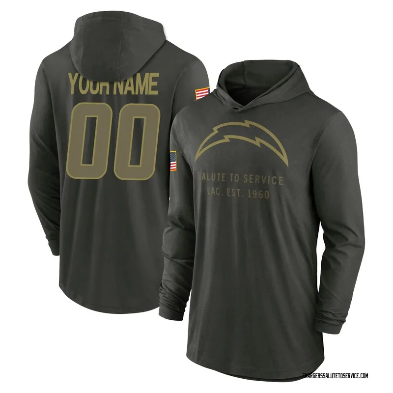 Youth Custom Los Angeles Chargers Green Forest/ 2025 Salute to Service Sideline Lightweight Hooded Pullover Long Sleeve T-Shirt