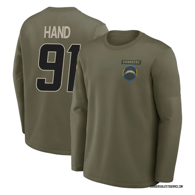 Youth Da'Shawn Hand Los Angeles Chargers Olive 2025 Salute to Service Sideline Coaches Long Sleeve T-Shirt