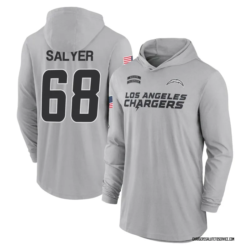 Youth Jamaree Salyer Los Angeles Chargers Gray 2024 Salute to Service Lightweight Performance Long Sleeve Hooded T-Shirt
