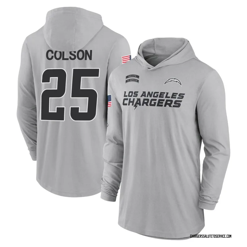 Youth Junior Colson Los Angeles Chargers Gray 2024 Salute to Service Lightweight Performance Long Sleeve Hooded T-Shirt