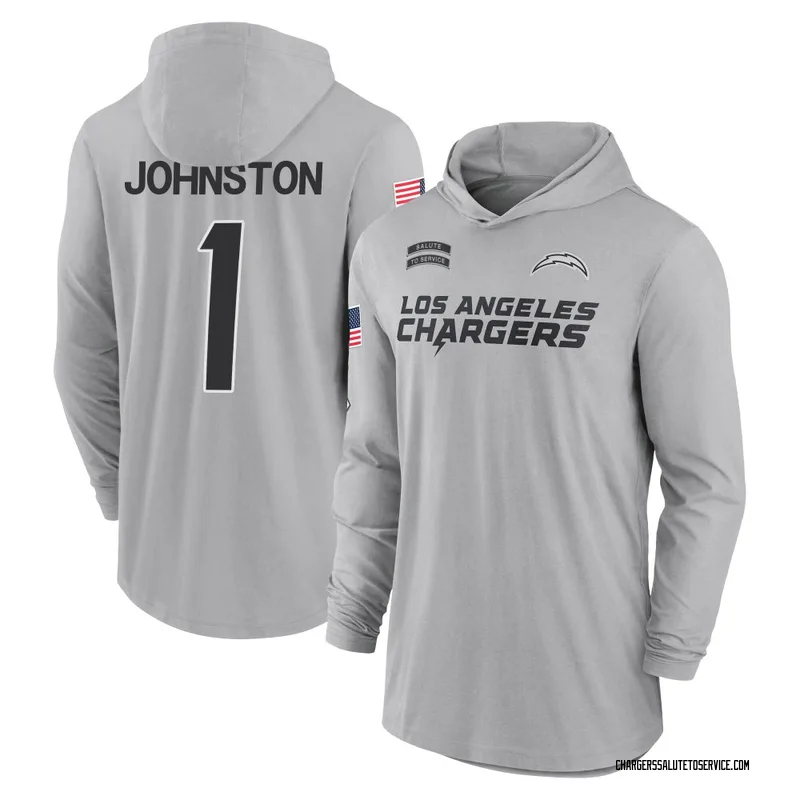 Youth Quentin Johnston Los Angeles Chargers Gray 2024 Salute to Service Lightweight Performance Long Sleeve Hooded T-Shirt