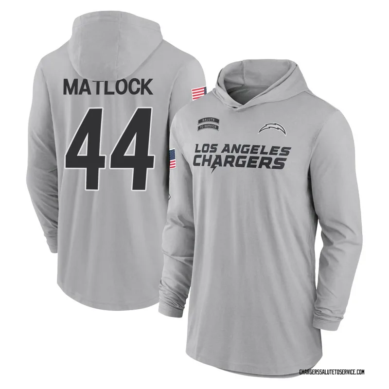 Youth Scott Matlock Los Angeles Chargers Gray 2024 Salute to Service Lightweight Performance Long Sleeve Hooded T-Shirt