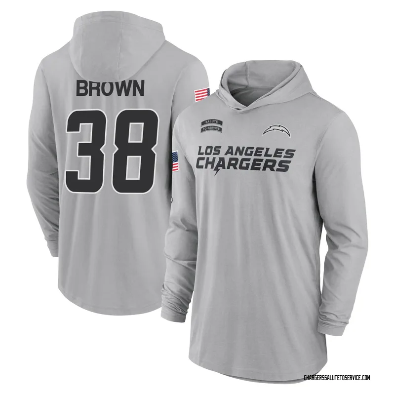 Youth Sincere Brown Los Angeles Chargers Gray 2024 Salute to Service Lightweight Performance Long Sleeve Hooded T-Shirt