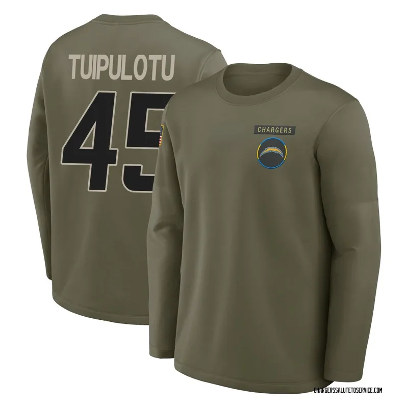 Youth Tuli Tuipulotu Los Angeles Chargers Olive 2025 Salute to Service Sideline Coaches Long Sleeve T-Shirt