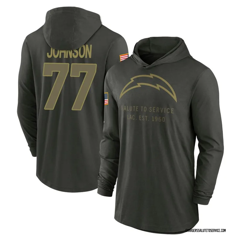 Youth Zion Johnson Los Angeles Chargers Green Forest/ 2025 Salute to Service Sideline Lightweight Hooded Pullover Long Sleeve T-
